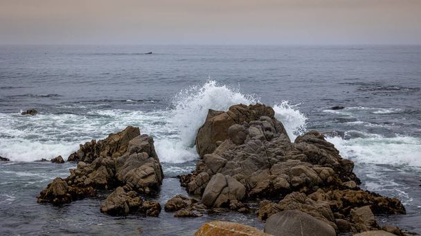 カリフォルニア州のハイウェイ1号線の美しい北太平洋の海岸線、海からの圧延霧、冷たい水と水の中の高い波と岩、多くのサーファーにとって理想的な挑戦 - 写真・画像