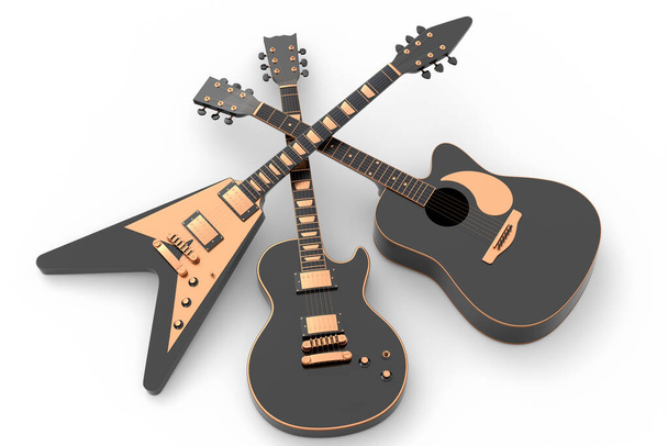 Set of electric acoustic guitar isolated on white background. 3d render of concept for rock festival poster with heavy metal guitar for music shop - Zdjęcie, obraz