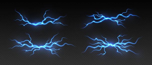 Rayo de tormenta, rayo, cremallera eléctrica realista, efecto de luz de explosión de flash de energía, rayo azul aislado sobre fondo oscuro. Ilustración vectorial. - Vector, imagen