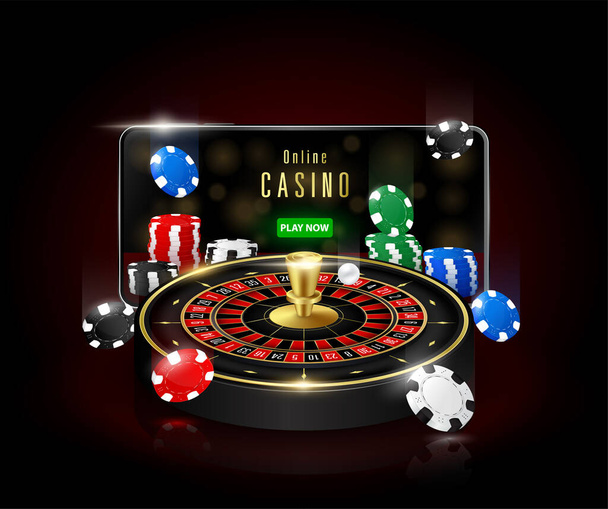 Online casino on mobile. Games roulette poker chips and smartphone. On black red background. Internet gambling concept. 3D realistic vector. - Vector, Image