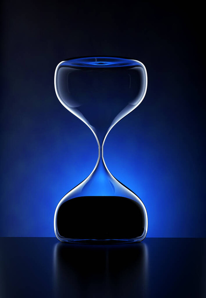 Hourglass σε ανακλαστικό μαύρο πάτωμα, Sandglass 3d εικόνα Render με μπλε φόντο - Φωτογραφία, εικόνα