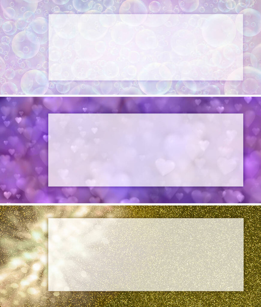 Τρία διαφορετικά χρωματιστά banner Δωροεπιταγή - ροζ φυσαλίδες, μωβ καρδιές και χρυσά πρότυπα πλαίσιο glitter ιδανικό για ολιστική επούλωση, πνευματική ή spa πρότυπα υγείας - Φωτογραφία, εικόνα