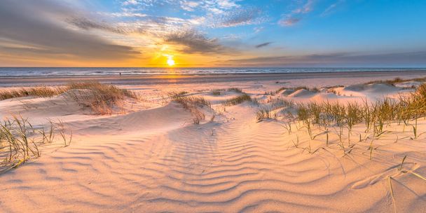Strand und Dünen Holländische Küstenlandschaft von Wijk aan Zee über der Nordsee bei Sonnenuntergang, Niederlande - Foto, Bild