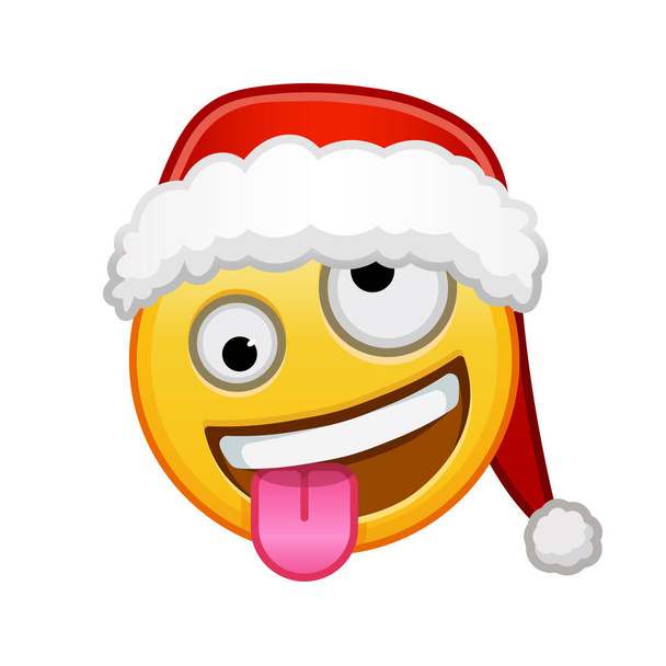 Cara sonriente navideña con un ojo grande y uno pequeño Gran tamaño de sonrisa emoji amarilla - Vector, imagen