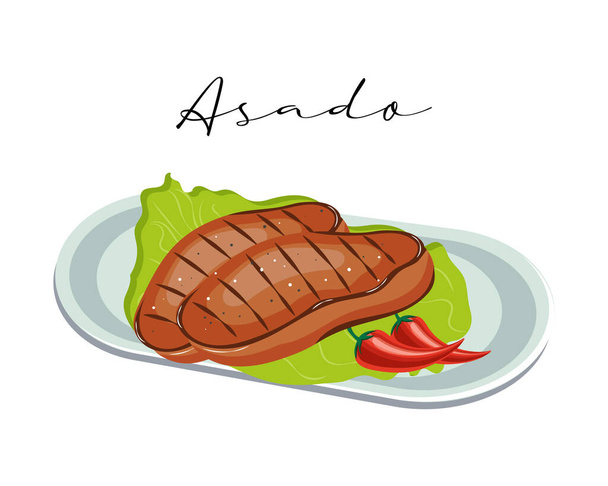 Grillowane kawałki mięsa, steki. Asado, kuchnia latynoamerykańska, kuchnia argentyńska. Ilustracja żywności, wektor - Wektor, obraz
