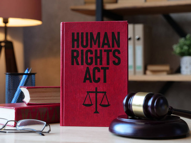 Закон о правах человека показан с использованием текста и фотографии молотка - Фото, изображение