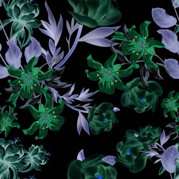 Sfondo floreale lilium verde senza cuciture per la stampa su tessuto. Illustrazione gigli. Giglio fiori foglie disegno vettoriale per le donne abito da notte e tessile. - Vettoriali, immagini