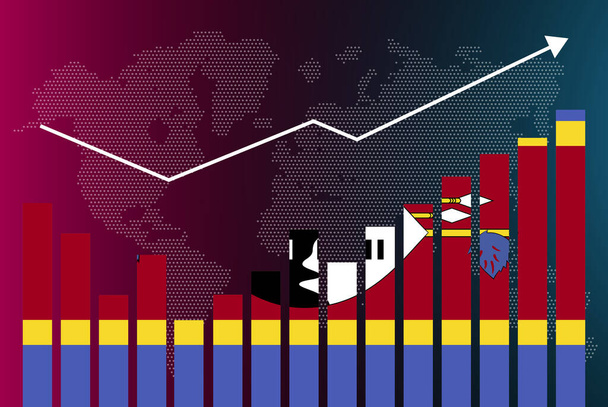 Swaziland bar chart graph with ups and downs, increasing values, Swaziland country flag on bar graph, upward rising arrow on data, news banner idea, developing country concept - Vector, Image