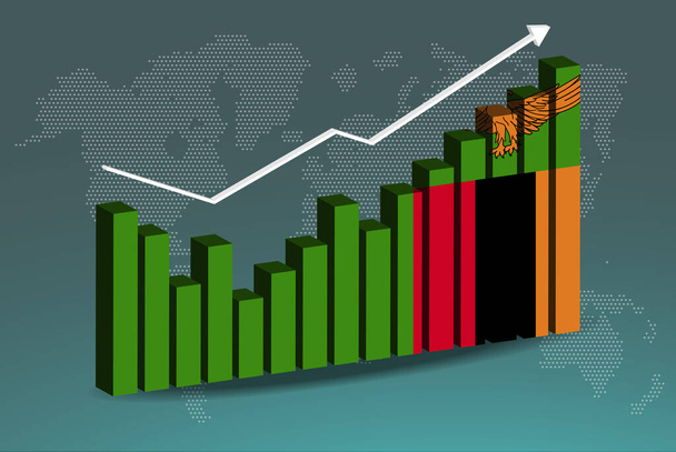 Zambia 3D bar chart graph with ups and downs, increasing values, Zambia country flag on 3D bar graph, upward rising arrow on data, news banner idea, developing country concept - Vector, Image