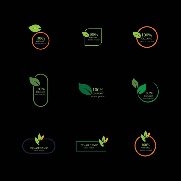 100% organic logo illustration design template on black background - Vector, Imagen