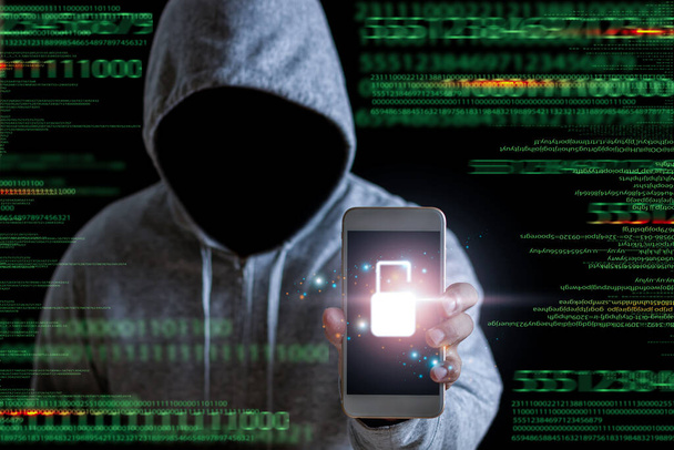online hacker Find personal information, finances, banks, inter-ibanking, passwords of people via Wi-Fi through the online world and mobile phones in the future. - Valokuva, kuva