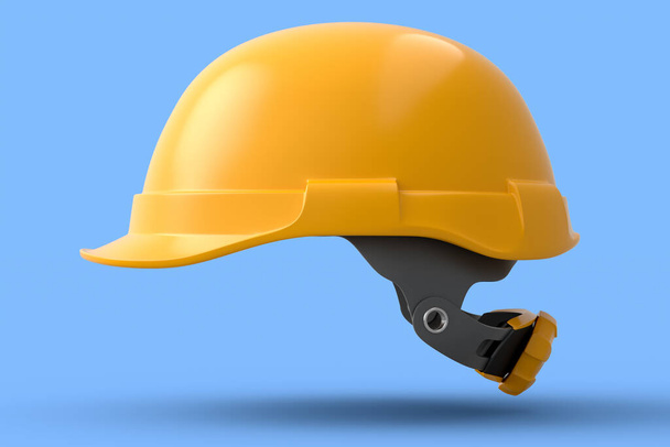 Yellow safety helmet or hard cap isolated on blue background. 3d render and illustration of headgear and handyman tools - Foto, Imagem