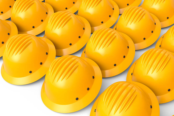 Set of safety helmets or hard caps for carpentry work in row on white background. 3d render and illustration of tool for carpentry work or labor headwear - Photo, image