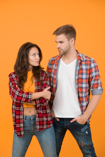 Fashionable outfit. Woman and man wear checkered shirt. sexy and stylish couple. happy valentines day. young family couple. students life is great. summer fashion collection. enjoying life and dating. - Foto, Bild