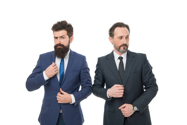 serious competitors. mature men have own business. partnership of boss men isolated on white. collaboration of teamwork. business meeting. team success. bearded competitors businessmen in formal suit. - Фото, зображення