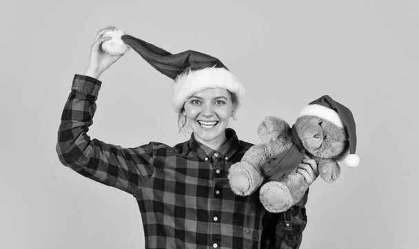 Lovely hug. Cute toy. Girl with teddy bear. Charity and kindness. Christmas spirit. Playful lady smiling face. Play with toy. Pretty woman celebrate christmas. Christmas memories from childhood. - Fotoğraf, Görsel