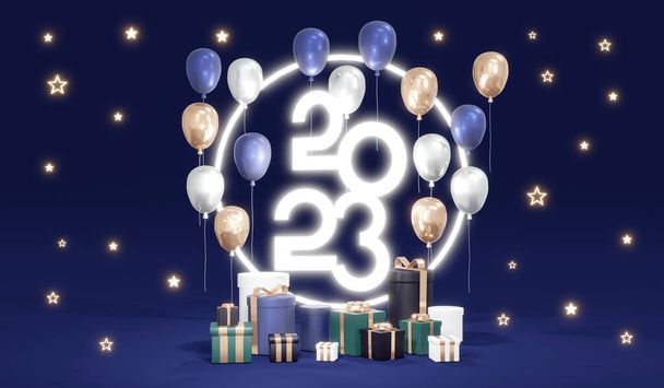 3D Renderização de 2023 número feliz ano novo com presente no banner de fundo. Ilustração 3D Render. - Foto, Imagem