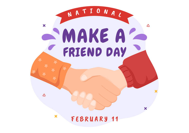 Día Nacional de Hacer un Amigo Observado el 11 de Febrero para Conocer a Alguien y una Nueva Amistad en Plantillas Planas Dibujadas a Mano Ilustración - Vector, Imagen
