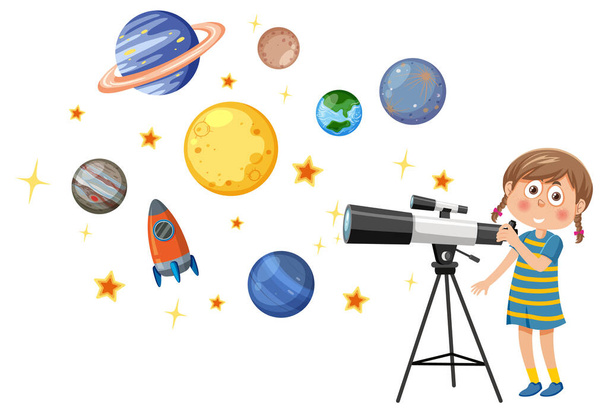 Una niña observando planetas con ilustración de telescopio - Vector, imagen