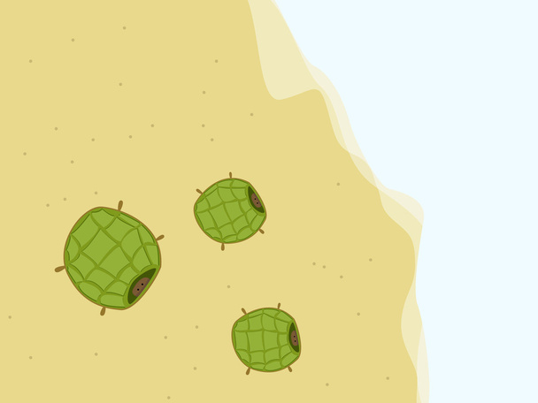 Niedliche kleine Schildkröten, die sich in einem Panzer verstecken und ins Meer gehen - Vektor, Bild