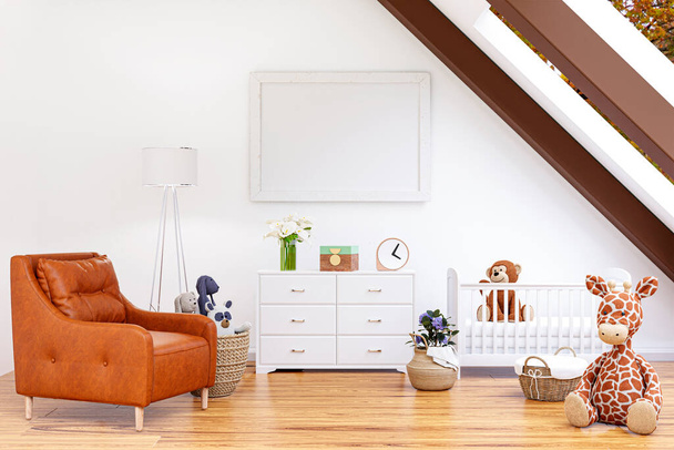 3d ilustración renderizada de una habitación infantil ático brillante con marco de imagen maqueta. - Foto, Imagen