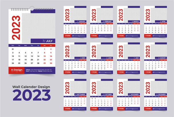 Kalendervorlage 2023, Monatlicher Wandkalender, Frohes Neues Jahr Wandkalender - Vektor, Bild