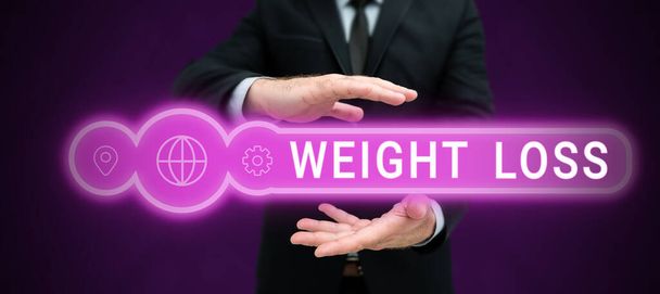 Handschrifttekst Gewichtsverlies, Business showcase Vermindering van Body Fluid Muscle Mass Reduce Fat Dispose Tissue - Foto, afbeelding