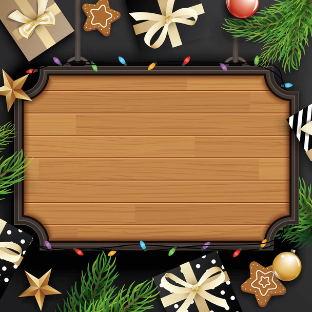Hyvää joulua lahjapaketti ja puinen tausta tilaa tekstiä. Hyvää loma tervehdys banneri ja kortti malli. - Vektori, kuva