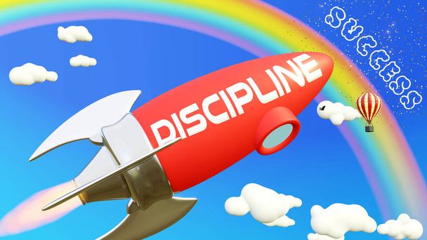 La disciplina conduce a lograr el éxito en los negocios y la vida. Cohete de dibujos animados etiquetado con texto Disciplina, volando alto en el cielo azul para llegar al arco iris, recompensa y éxito. - Foto, imagen