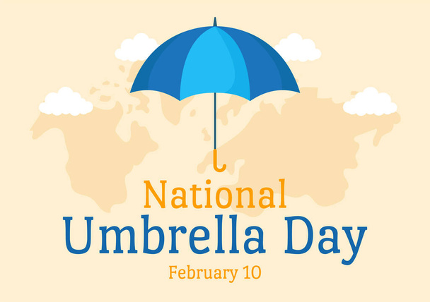 Celebración del Día Nacional del Paraguas el 10 de febrero para protegernos de la lluvia y el sol en dibujos animados planos Plantilla dibujada a mano Ilustración - Vector, Imagen