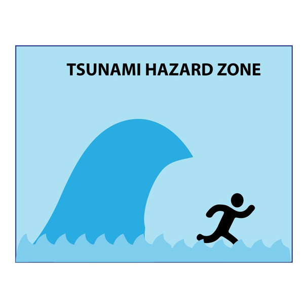 Tsunami gevarenzone bord met grote golf en een vluchtende persoon - Vector, afbeelding