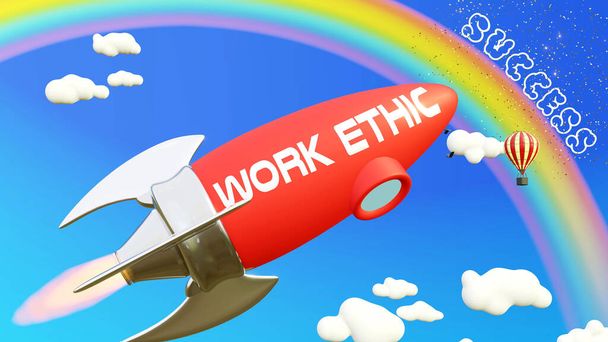 Трудовая этика ведет к успеху в бизнесе и жизни. Карикатурная ракета с надписью "Рабочая этика", полет высоко в голубом небе, чтобы достичь радуги, награды и успеха. - Фото, изображение