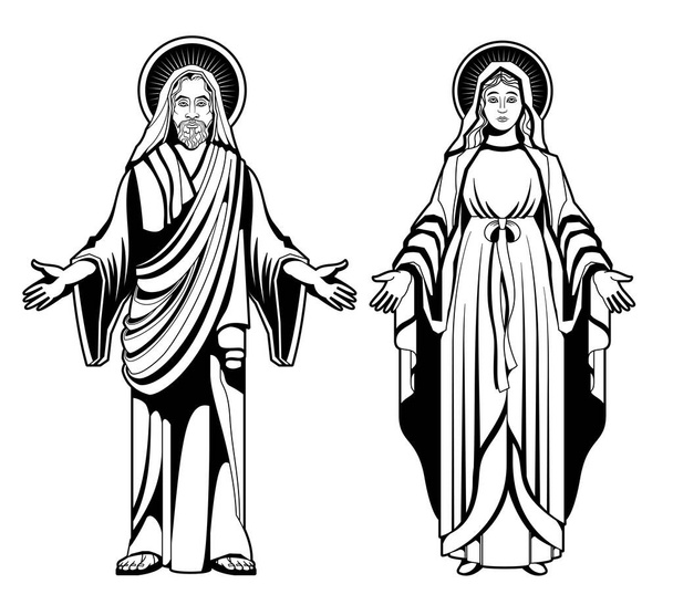 Jesus virgin mary drawing set of two isolated images with outline looks of saints for coloring vector illustration - Vector, Image