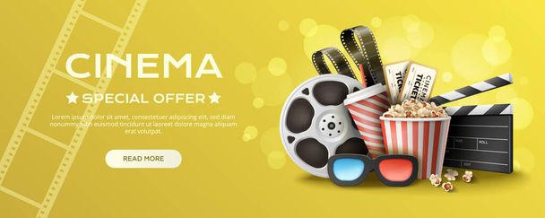 Orizzontale cinema offerta speciale banner web con realistici applausi popcorn occhiali 3d su sfondo a colori vettoriale illustrazione - Vettoriali, immagini