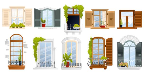 Vintage old european balcony window icon set ten different windows with different shapes sizes and colors vector illustration - Vector, Image