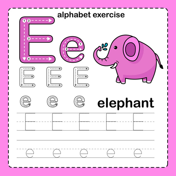 Letra del alfabeto E - Ejercicio de elefante con ilustración de vocabulario de dibujos animados, vector - Vector, imagen