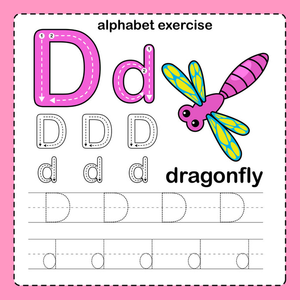Letra D del alfabeto - Ejercicio de libélula con ilustración de vocabulario de dibujos animados, vector - Vector, imagen