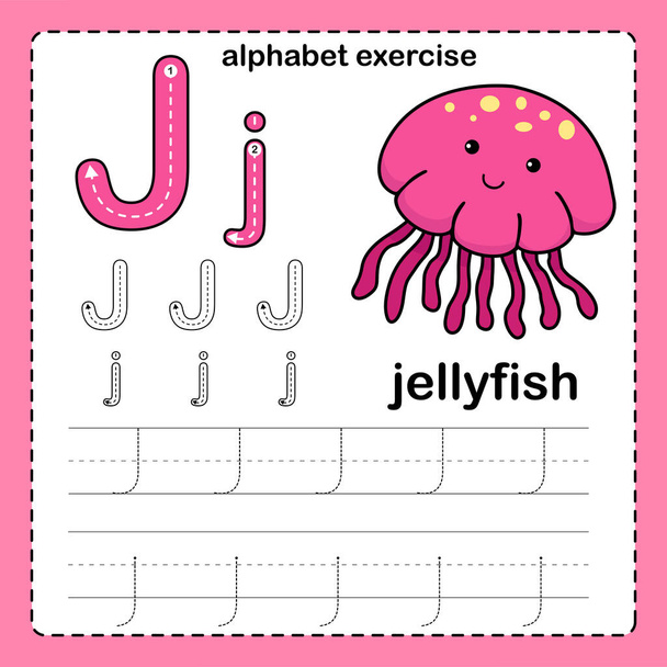Alphabet Letter  J - Jellyfish exercise with cartoon vocabulary illustration, vector - Vector, Image