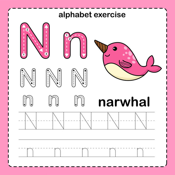 Letra del alfabeto N - Ejercicio de narval con ilustración de vocabulario de dibujos animados, vector - Vector, Imagen