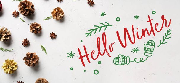 Banner with tasty coniferous cones and text HELLO WINTER on white background - Photo, Image