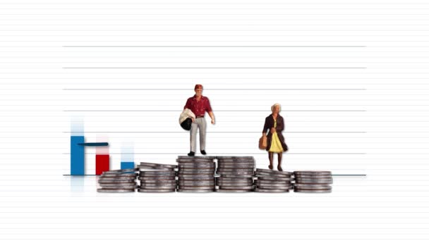 Sávgrafikon és sorgrafikon egy halom érmével. A bérek közötti különbség fogalma a foglalkoztatásban. - Felvétel, videó