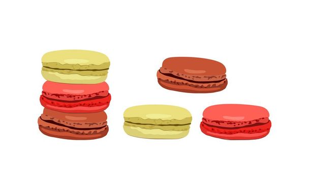 Sweet macaroon. French macaron dessert. Almond pastry with cream filling. Sugar biscuit with chocolate, strawberry, pistachio flavor. Vector realistic food illustration isolated on white background. - Vector, Image