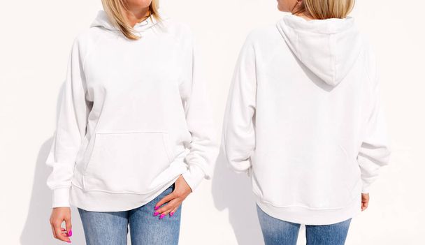 Model wearing white women's hoodie, mockup for your own design - Photo, Image