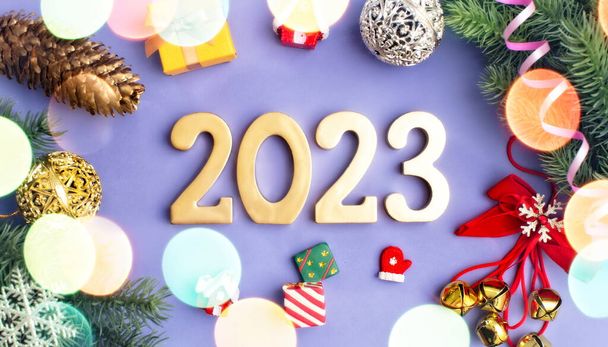 2023 new year background. Seasonal packaging and New Year's attributes - Photo, Image