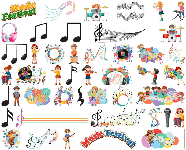 Kinder Musikinstrumente und Musiksymbole zur Illustration - Vektor, Bild