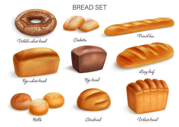 Realistic bread icon set with whole wheat rye rye wheat breads ciabatta french bun long loaf rolls and cornbread vector illustration - Vector, Image