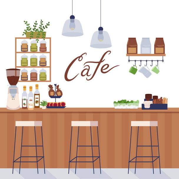 Moderno eco café fondo plano con vista interior de taburetes de madera y máquina de café vector ilustración - Vector, imagen