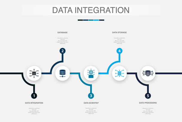 Integração de dados, banco de dados, cientista de dados, armazenamento de dados, ícones de processamento de dados Modelo de design infográfico. Conceito criativo com 5 passos - Vetor, Imagem