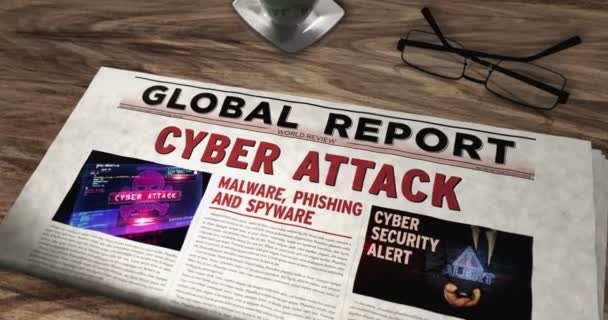Ηλεκτρονική επίθεση και ψηφιακή ασφάλεια καθημερινή εφημερίδα στο τραπέζι. Τίτλοι ειδήσεων αφηρημένη έννοια 3d. - Πλάνα, βίντεο
