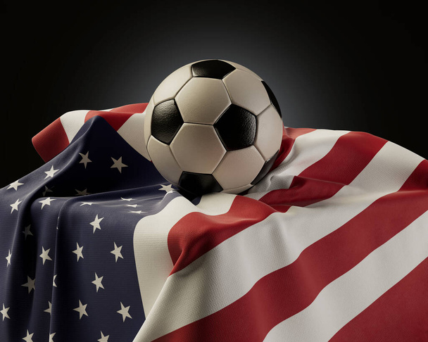 Pelotas de fútbol regulares apoyadas en una bandera de Estados Unidos sobre un zócalo sobre un fondo de estudio aislado - 3D render - Foto, Imagen